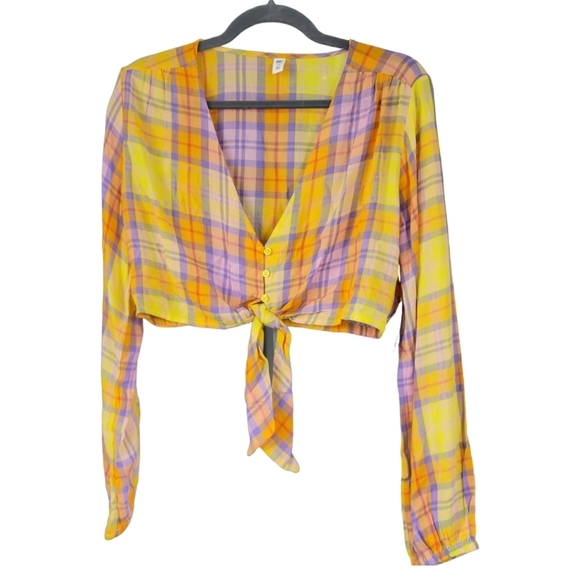 BP NWT M Yellow Multicolor Tartan Plaid Long Sleeve Crop Top Clueless Preppy - Picture 8 of 14